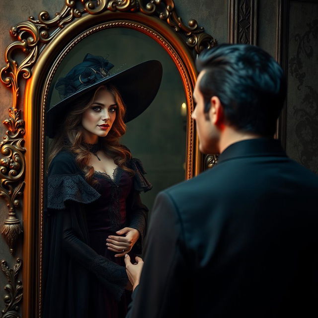 A captivating scene of a beautiful woman standing in front of an ornate mirror, gazing intently at her reflection