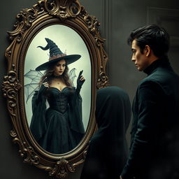 A captivating scene of a beautiful woman standing in front of an ornate mirror, gazing intently at her reflection