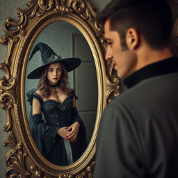 A captivating scene of a beautiful woman standing in front of an ornate mirror, gazing intently at her reflection