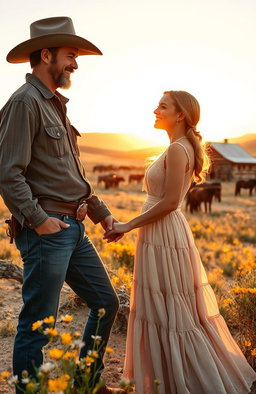 A romantic scene set in the American Wild West, featuring a rugged cowboy and a beautiful woman wearing a flowing prairie dress