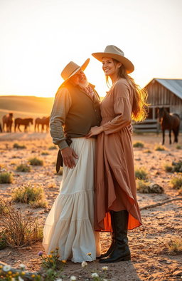 A romantic scene set in the American Wild West, featuring a rugged cowboy and a beautiful woman wearing a flowing prairie dress
