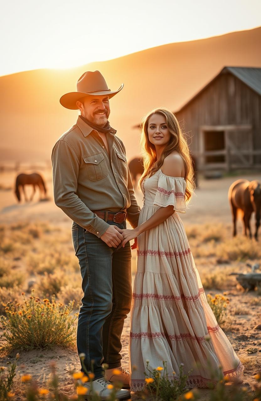 A romantic scene set in the American Wild West, featuring a rugged cowboy and a beautiful woman wearing a flowing prairie dress