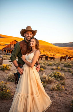 A romantic scene set in the American Wild West, featuring a rugged cowboy and a beautiful woman wearing a flowing prairie dress