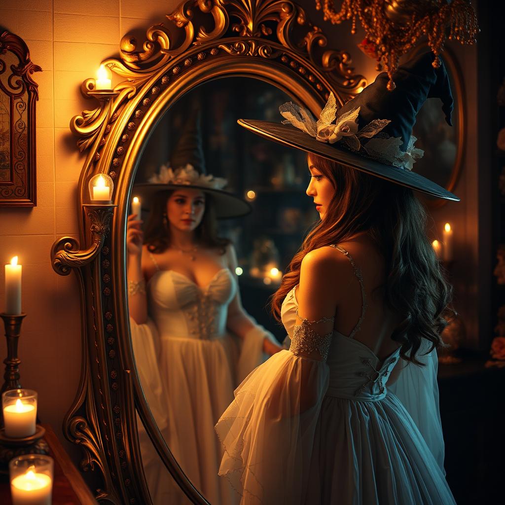 A mesmerizing scene featuring a beautiful woman standing in front of an ornate mirror