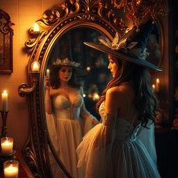 A mesmerizing scene featuring a beautiful woman standing in front of an ornate mirror