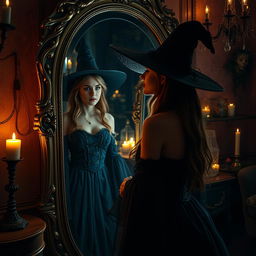 A mesmerizing scene featuring a beautiful woman standing in front of an ornate mirror