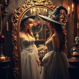 A mesmerizing scene featuring a beautiful woman standing in front of an ornate mirror