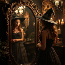 A mesmerizing scene featuring a beautiful woman standing in front of an ornate mirror