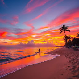 A stunning view of a tropical beach at sunset, with vibrant hues of orange, pink, and purple in the sky reflecting on the calm waters