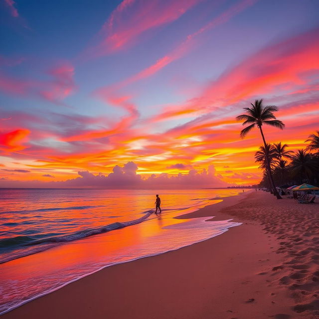 A stunning view of a tropical beach at sunset, with vibrant hues of orange, pink, and purple in the sky reflecting on the calm waters