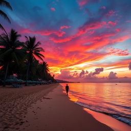 A stunning view of a tropical beach at sunset, with vibrant hues of orange, pink, and purple in the sky reflecting on the calm waters