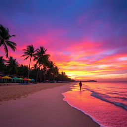A stunning view of a tropical beach at sunset, with vibrant hues of orange, pink, and purple in the sky reflecting on the calm waters