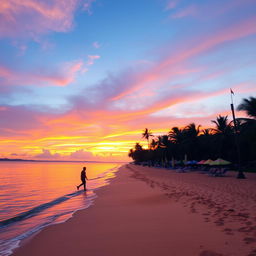 A stunning view of a tropical beach at sunset, with vibrant hues of orange, pink, and purple in the sky reflecting on the calm waters