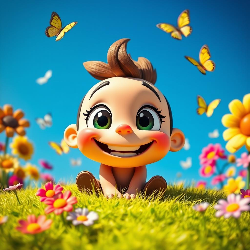 A close-up of a playful, cartoon-style character with an exaggerated smile, sitting on a vibrant grassy hill under a clear blue sky