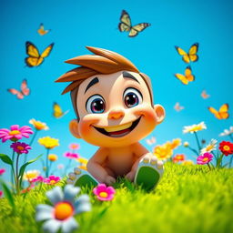 A close-up of a playful, cartoon-style character with an exaggerated smile, sitting on a vibrant grassy hill under a clear blue sky