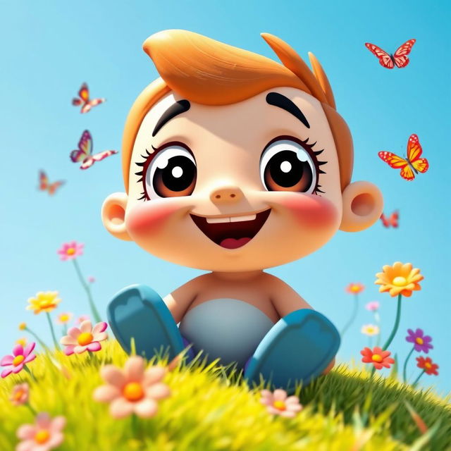A close-up of a playful, cartoon-style character with an exaggerated smile, sitting on a vibrant grassy hill under a clear blue sky