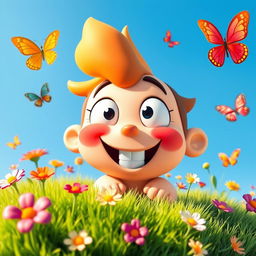 A close-up of a playful, cartoon-style character with an exaggerated smile, sitting on a vibrant grassy hill under a clear blue sky