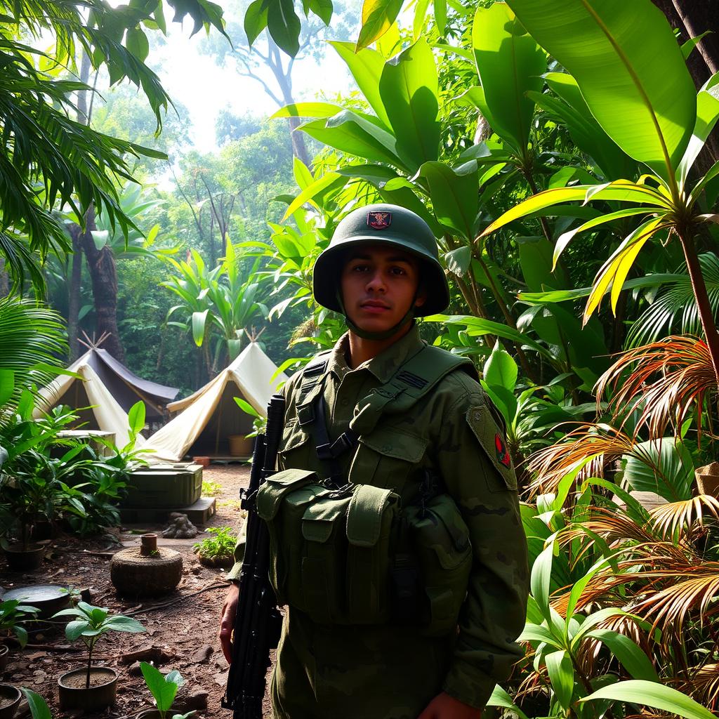 A Peruvian soldier standing guard in a vibrant jungle setting, with lush green foliage and tropical plants surrounding a camp