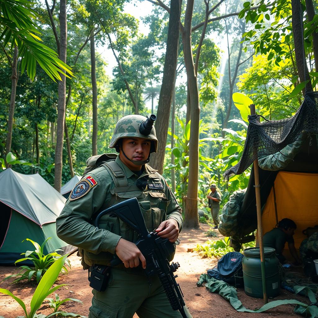 A Peruvian soldier in a jungle camp in Peru, wearing modern military gear, engaged in routine activities