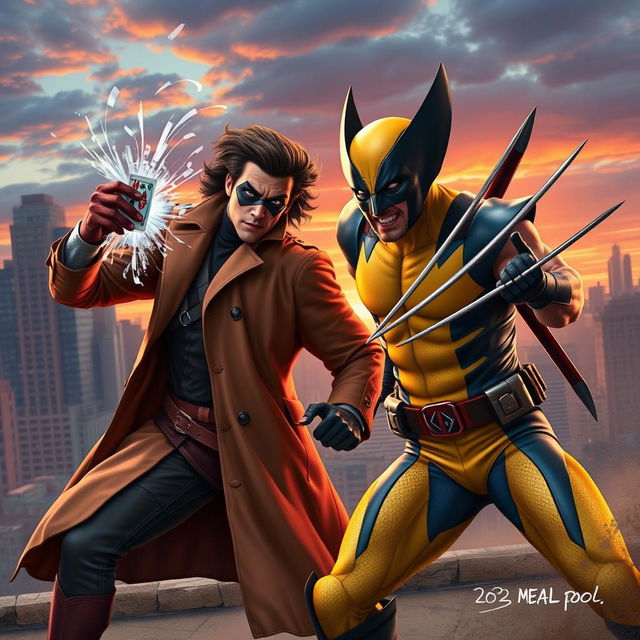A dynamic action scene featuring Gambit and Wolverine from the upcoming 2024 Deadpool movie