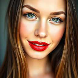 A close-up portrait of a beautiful, confident young woman with striking features