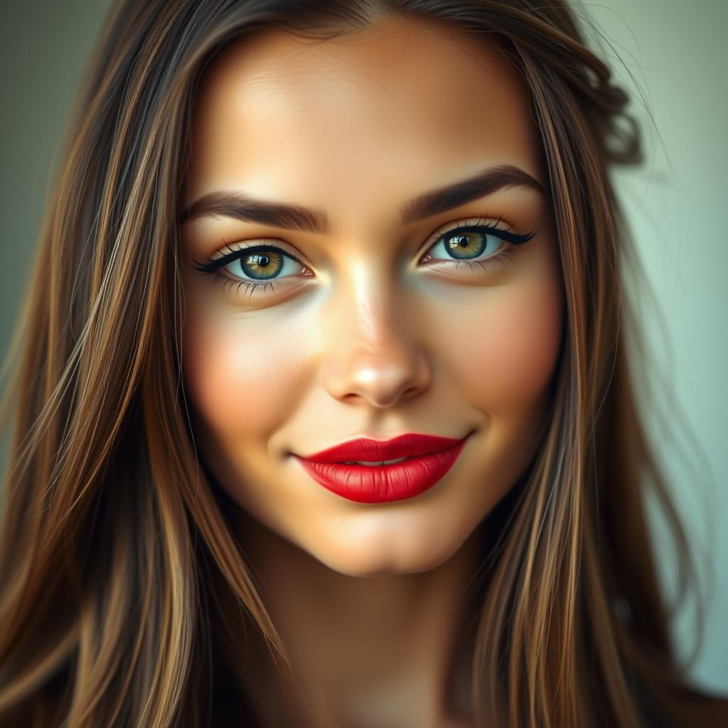 A close-up portrait of a beautiful, confident young woman with striking features