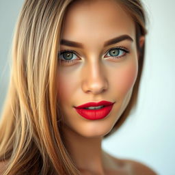 A close-up portrait of a beautiful, confident young woman with striking features