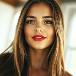 A close-up portrait of a beautiful, confident young woman with striking features
