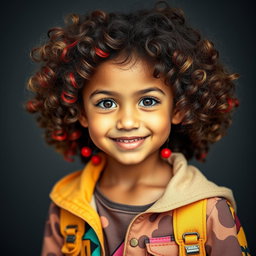 A confident, energetic girl with curly, voluminous hair and bright eyes, sporting a lively expression
