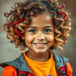 A confident, energetic girl with curly, voluminous hair and bright eyes, sporting a lively expression