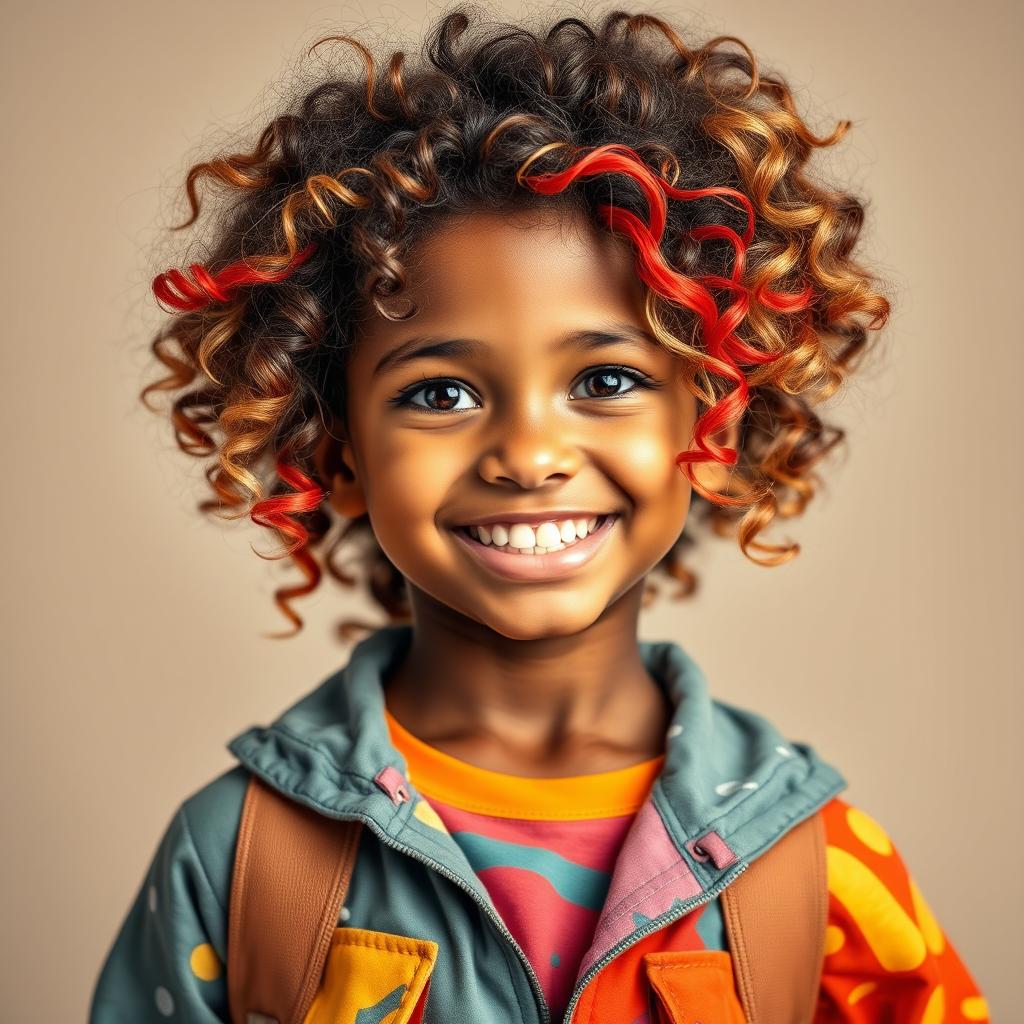 A confident, energetic girl with curly, voluminous hair and bright eyes, sporting a lively expression