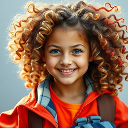 A confident, energetic girl with curly, voluminous hair and bright eyes, sporting a lively expression