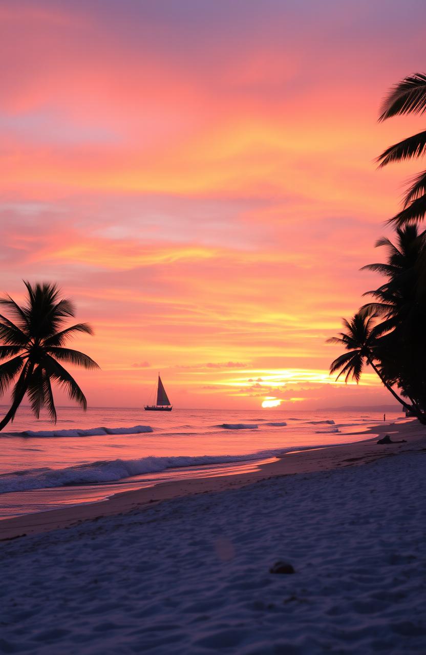 A beautiful sunset over a serene beach, with vibrant orange and pink hues in the sky reflecting on the water, gentle waves lapping on the shore
