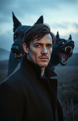 A male Caucasian, pale Sherlock Holmes with a clean shaven face and normal blue eyes, standing in the barren and foggy grassy flatlands at twilight
