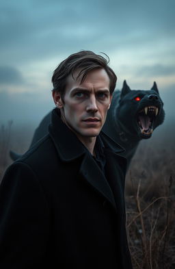 A male Caucasian, pale Sherlock Holmes with a clean shaven face and normal blue eyes, standing in the barren and foggy grassy flatlands at twilight