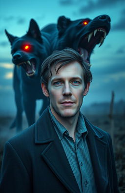 A male Caucasian, pale Sherlock Holmes with a clean shaven face and normal blue eyes, standing in the barren and foggy grassy flatlands at twilight