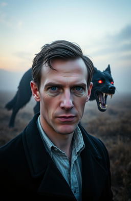 A male Caucasian, pale Sherlock Holmes with a clean shaven face and normal blue eyes, standing in the barren and foggy grassy flatlands at twilight