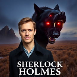 A book cover featuring a male Caucasian, pale Sherlock Holmes with a clean shaven face and normal blue eyes, standing prominently in the foreground