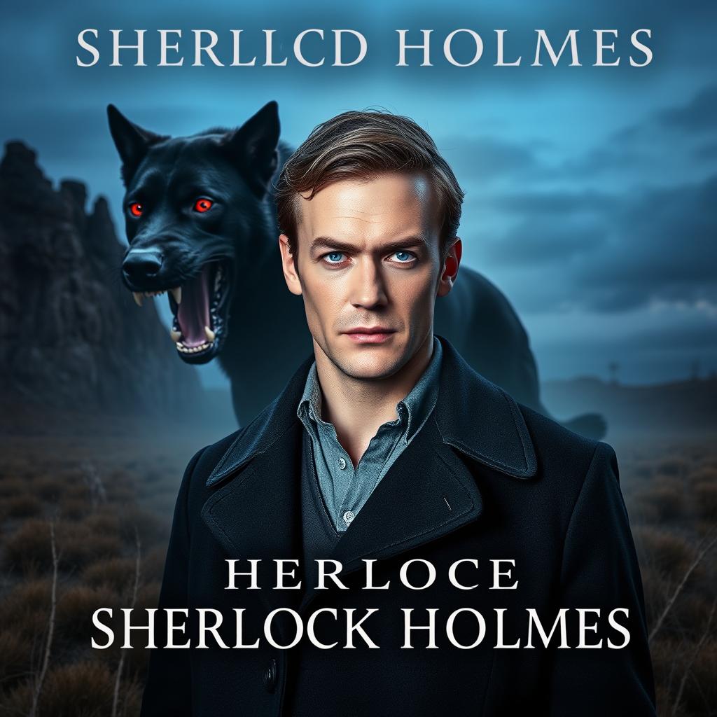 A book cover featuring a male Caucasian, pale Sherlock Holmes with a clean shaven face and normal blue eyes, standing prominently in the foreground