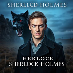 A book cover featuring a male Caucasian, pale Sherlock Holmes with a clean shaven face and normal blue eyes, standing prominently in the foreground