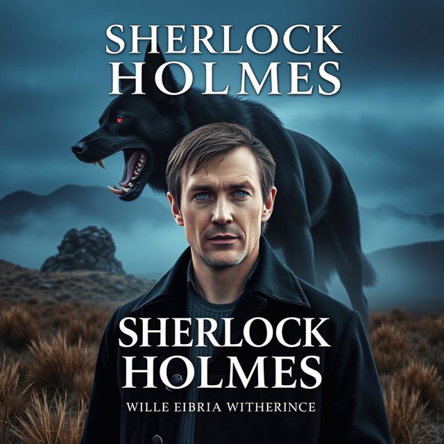 A book cover featuring a male Caucasian, pale Sherlock Holmes with a clean shaven face and normal blue eyes, standing prominently in the foreground