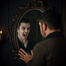 A man standing in front of a mirror, gazing intently at his reflection