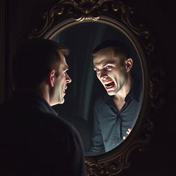 A man standing in front of a mirror, gazing intently at his reflection
