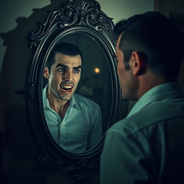 A man standing in front of a mirror, gazing intently at his reflection