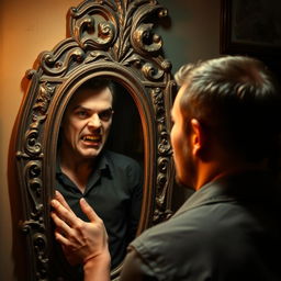 A man standing in front of a mirror, gazing intently at his reflection