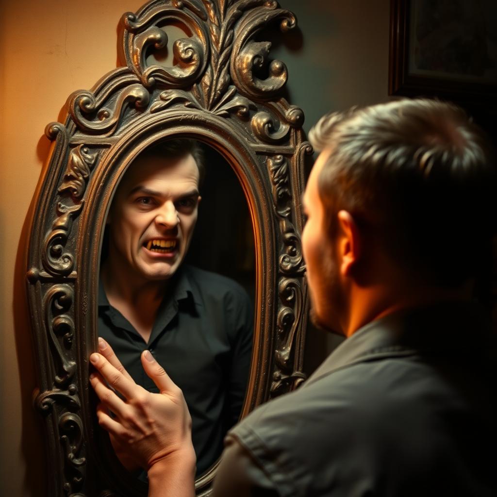 A man standing in front of a mirror, gazing intently at his reflection