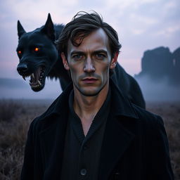 A male Caucasian, pale Sherlock Holmes with a clean shaven face and normal blue eyes, standing confidently in the barren and foggy grassy flatlands during twilight