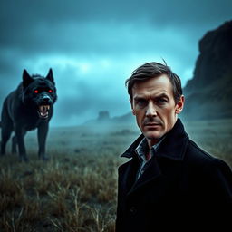 A male Caucasian, pale Sherlock Holmes with a clean shaven face and normal blue eyes, standing confidently in the barren and foggy grassy flatlands during twilight