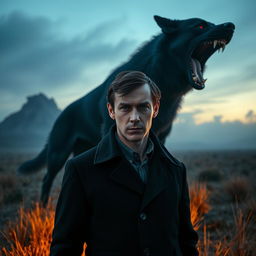 A male Caucasian, pale Sherlock Holmes with a clean shaven face and normal blue eyes, standing confidently in the barren and foggy grassy flatlands during twilight