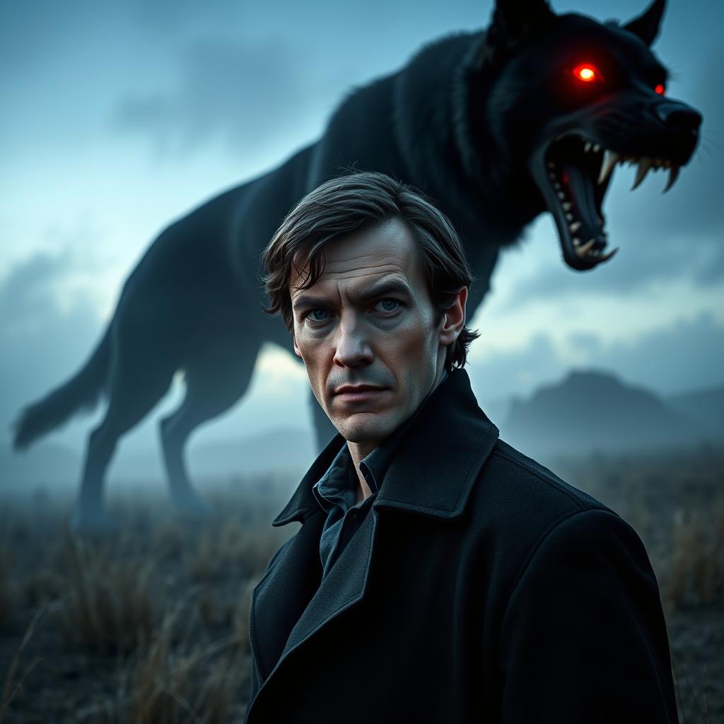 A male Caucasian, pale Sherlock Holmes with a clean shaven face and normal blue eyes, standing confidently in the barren and foggy grassy flatlands during twilight